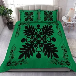 Alohawaii Home Set - Hawaiian Quilt Maui Plant And Hibiscus Pattern Bedding Set - Black Green - AH J8