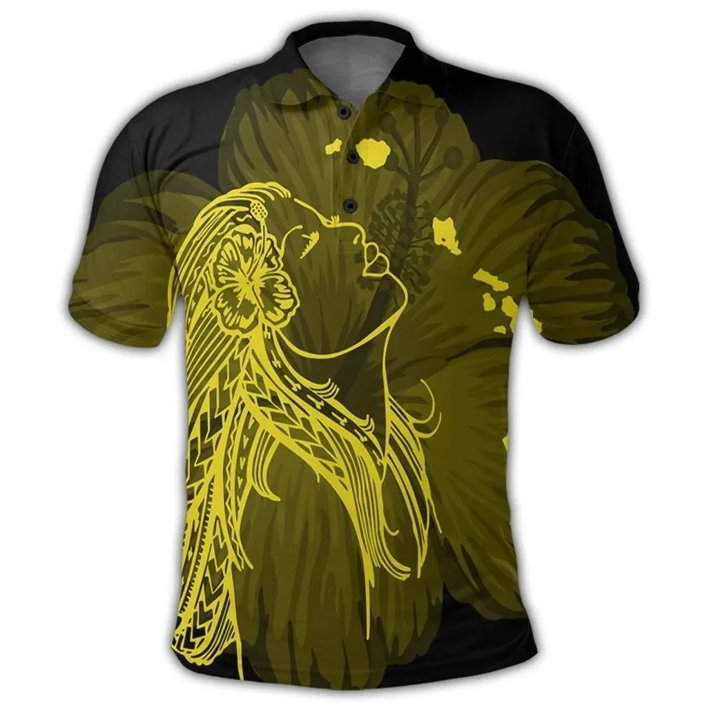 Alohawaii Shirt - Hawaiian Map Heart Hula Girl Hibiscus Yellow Polynesian Polo Shirt - AH - J4R
