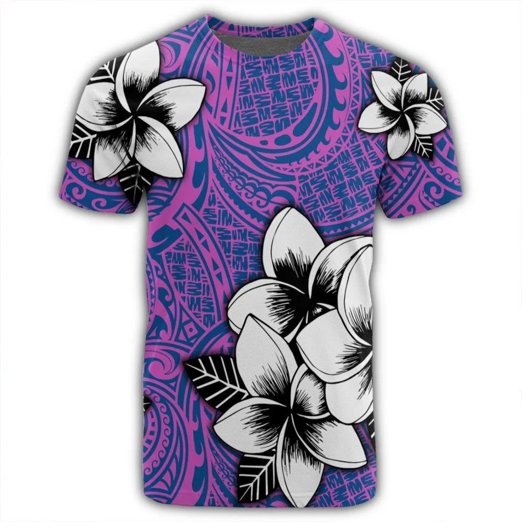 Hawaiian Plumeria Tribal Pink Polynesian T-Shirt Blue AH