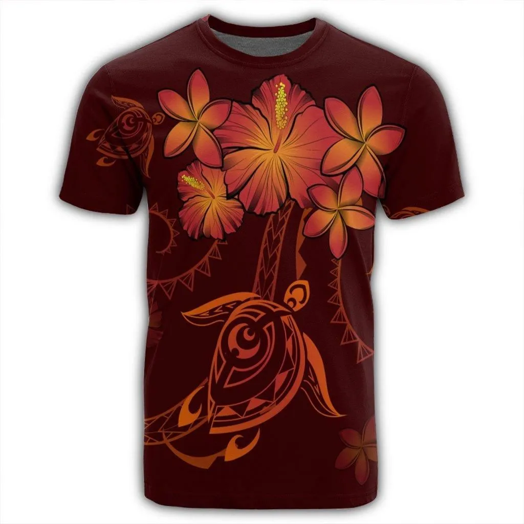 Hawaiian Turtles Hibiscus Plumeria Polynesian T-Shirt - Red - AH