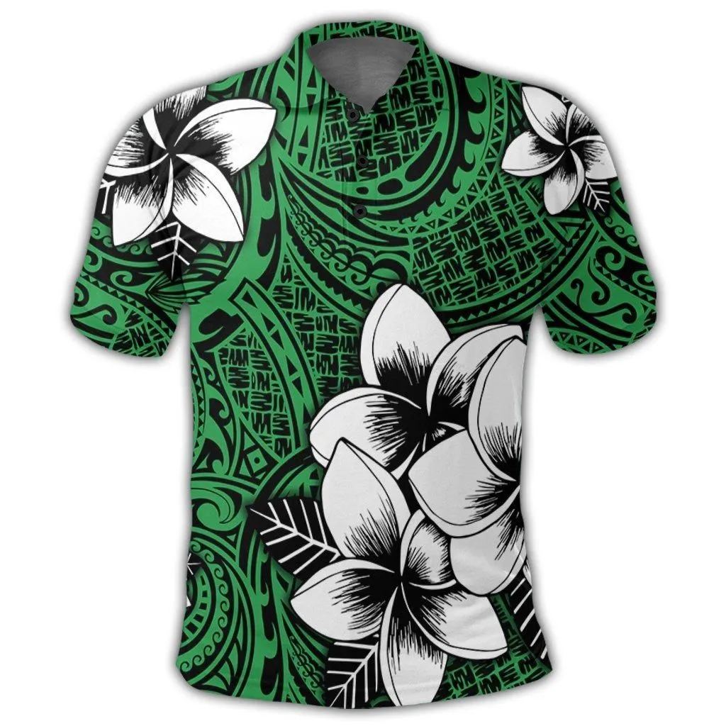 Hawaiian Plumeria Tribal Polynesian Polo Shirt Green AH
