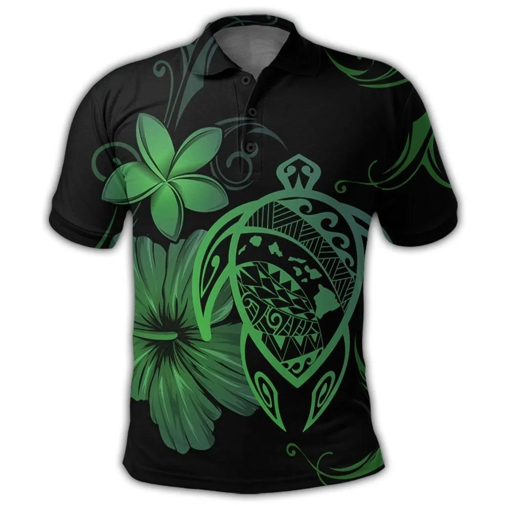 Hawaiian Map Turtle Hibiscus Plumeria Polynesian Polo Shirt - Green
