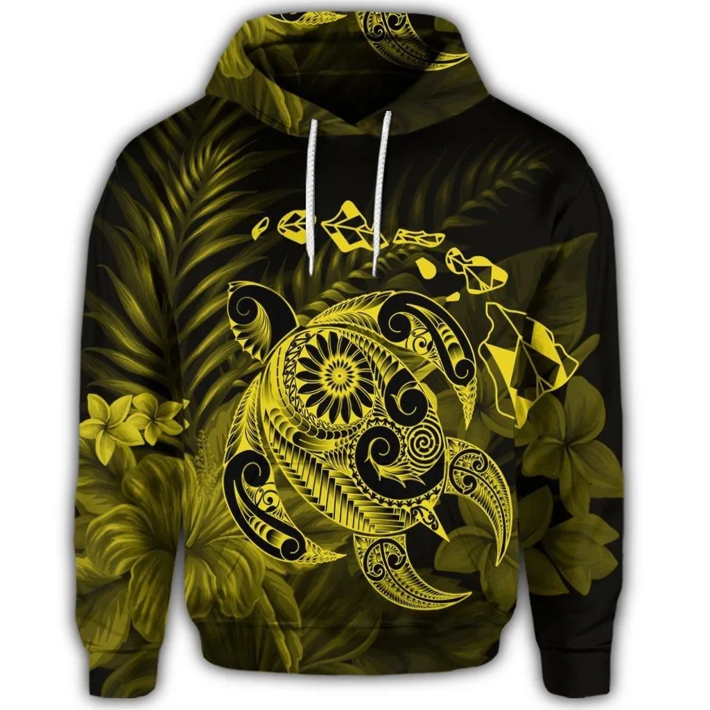 Hawaiian Map Turtle Tattoo Hibiscus Plumeria Polynesian Hoodie - Yellow