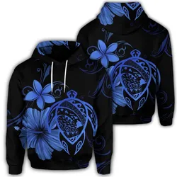 Hawaiian Map Turtle Hibiscus Plumeria Polynesian Hoodie - Blue