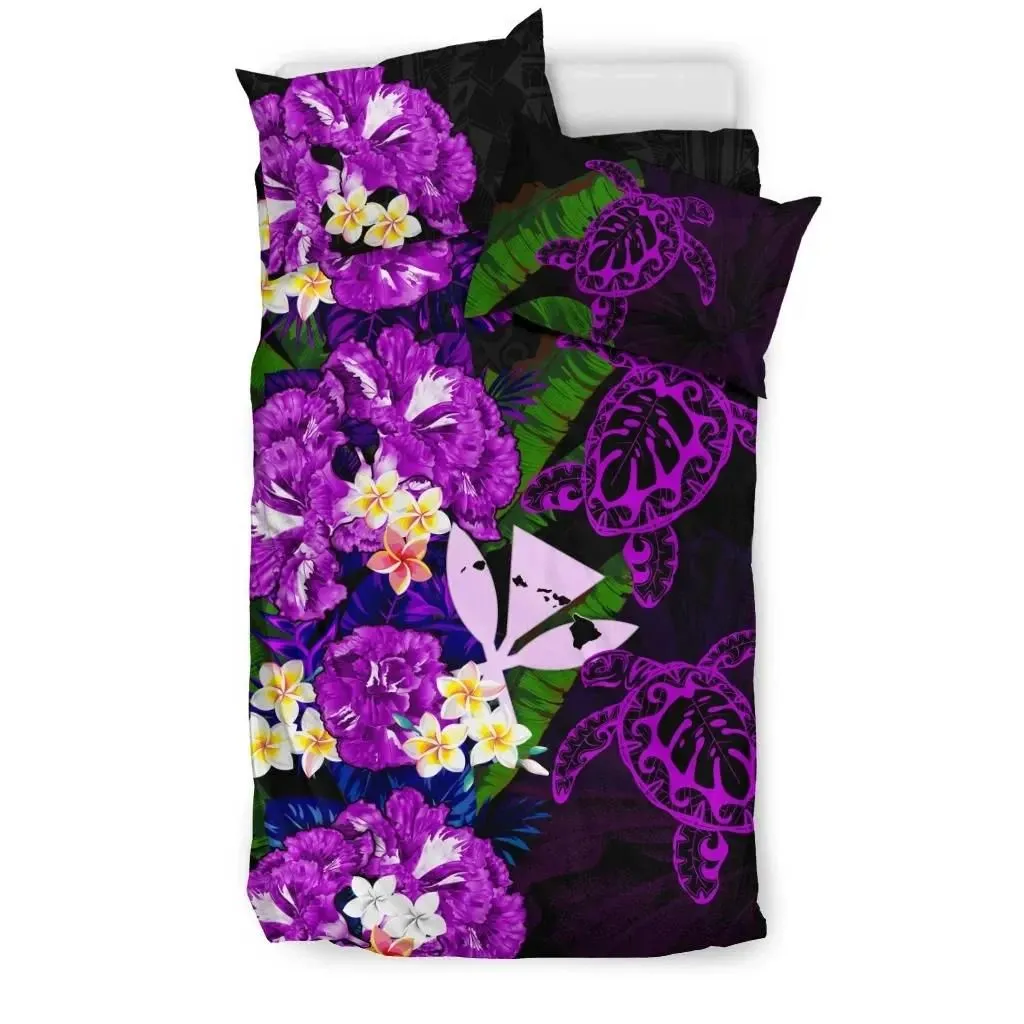 Alohawaii Bedding Set - Cover and Pillow Cases Kanaka Maoli (Hawaiian) - Polynesian Hibiscus Turtle Palm Leaves Purple A02