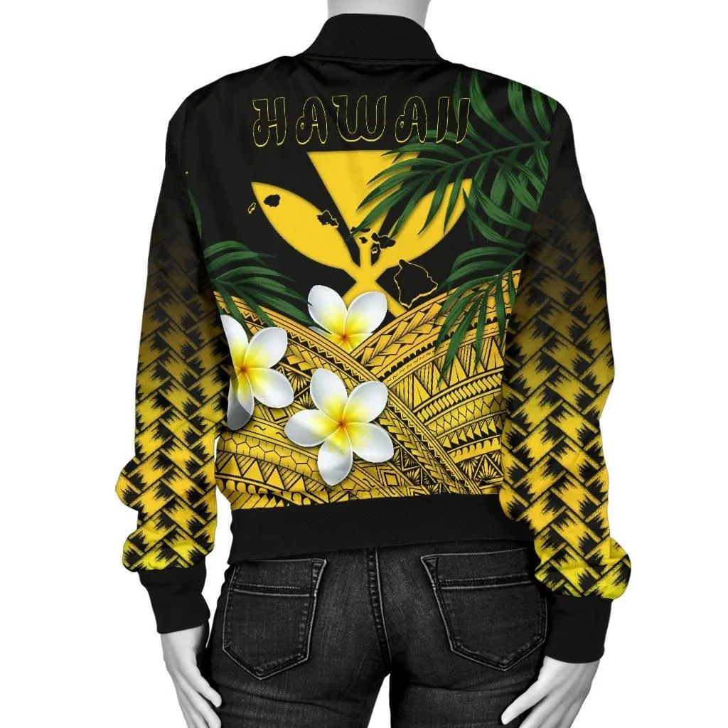 Kanaka Maoli (Hawaiian) Womens Bomber Jacket, Polynesian Plumeria Banana Leaves Yellow