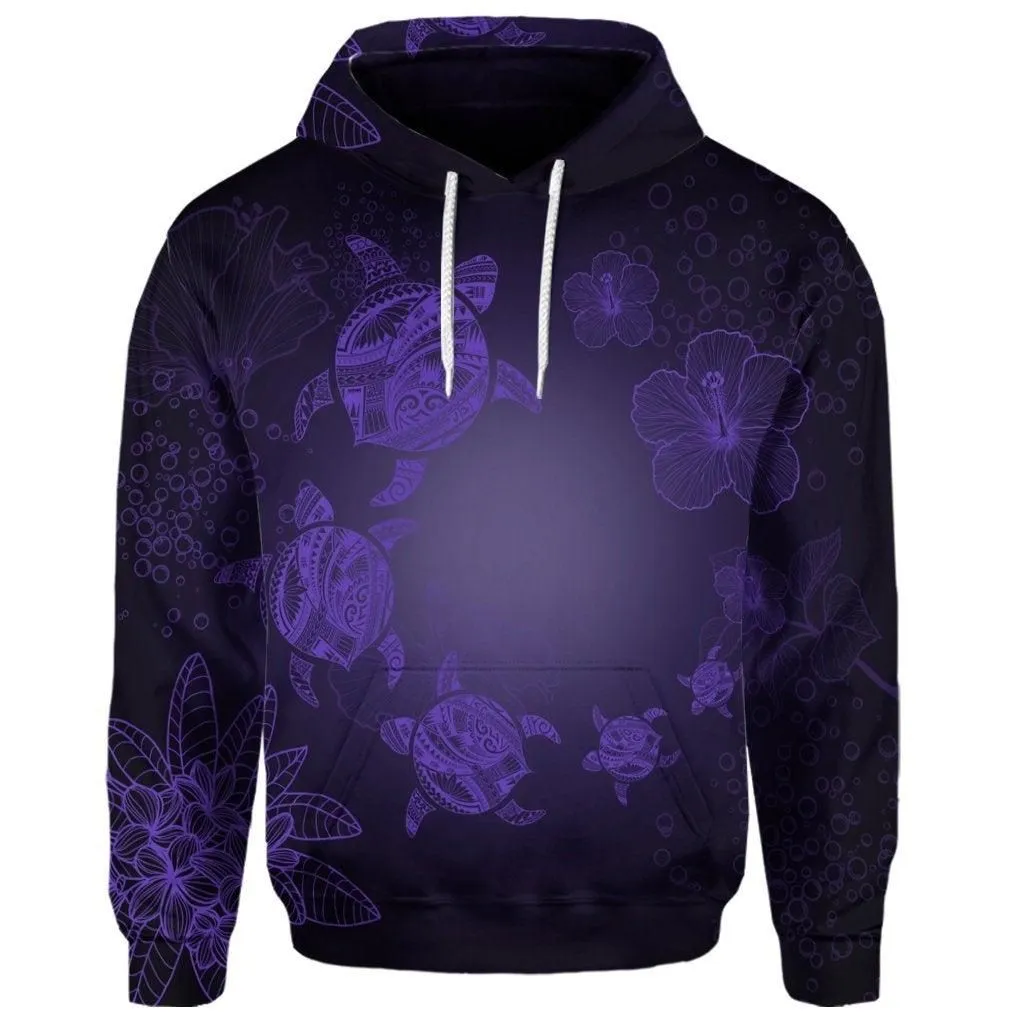 (Personalised) Hawaiian Plumeria Hibiscus Turtle Under Sea Polynesian Hoodie Purple AH