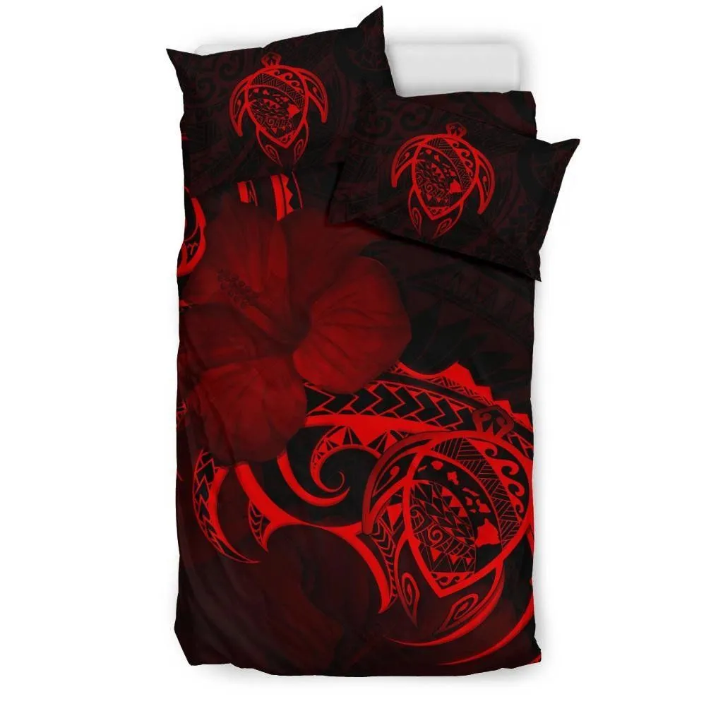Hawaiian Map Turtle Hibiscus Divise Red Polynesian Bedding Set - AH - J1