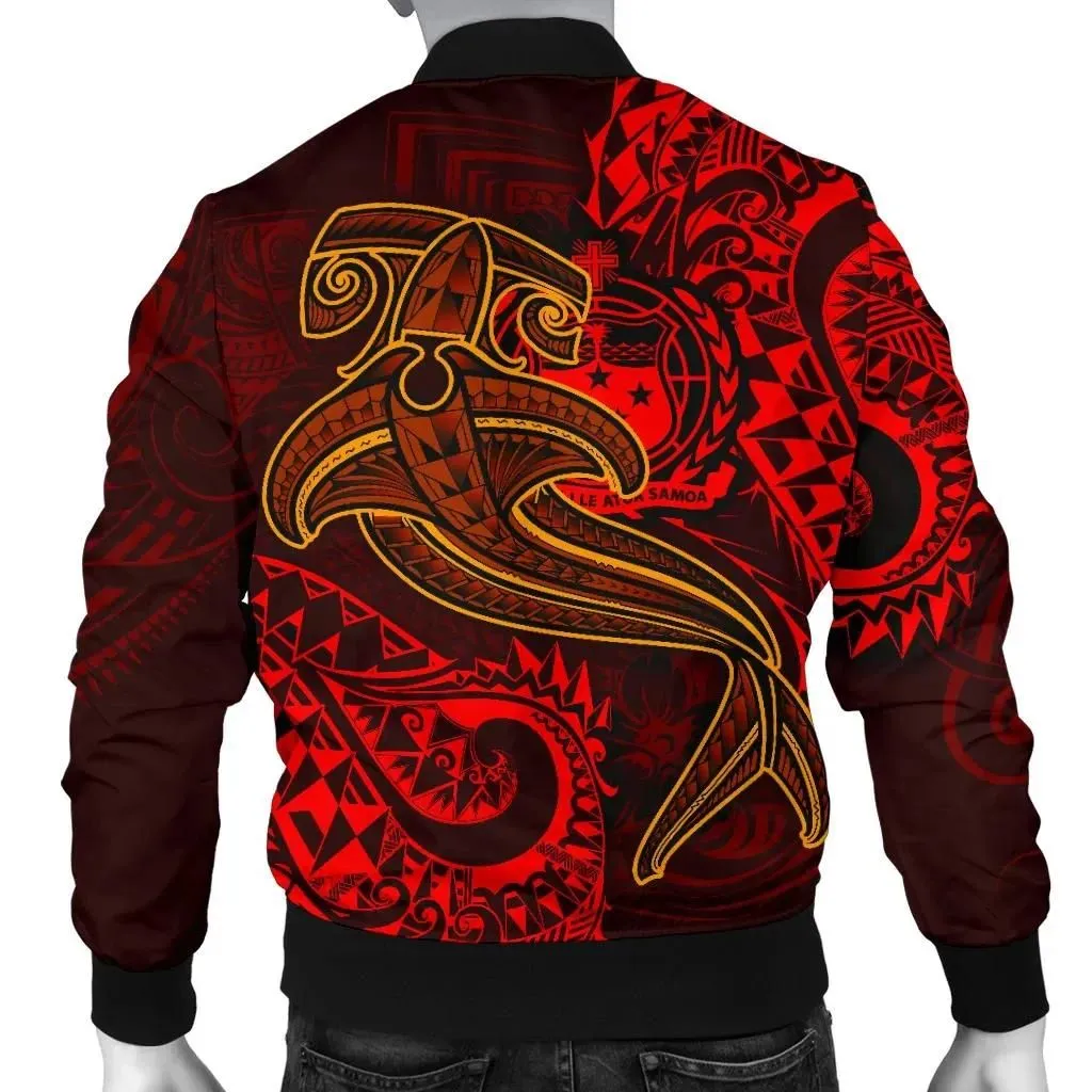 Samoa Men's Bomber Jacket - Red Shark Polynesian Tattoo - BN18