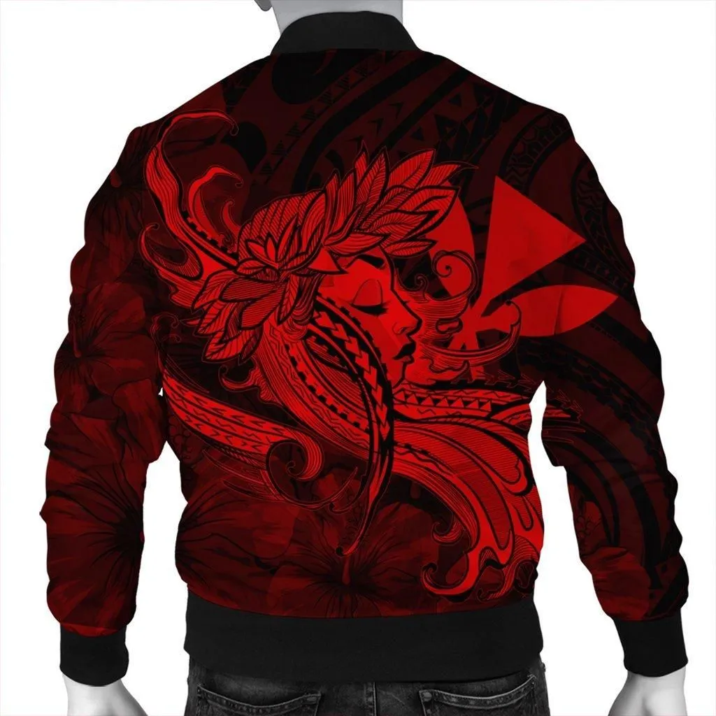 Hawaiian Map Hula Girl Hibiscus Kanaka Polynesian Bomber Jacket - Red - AH
