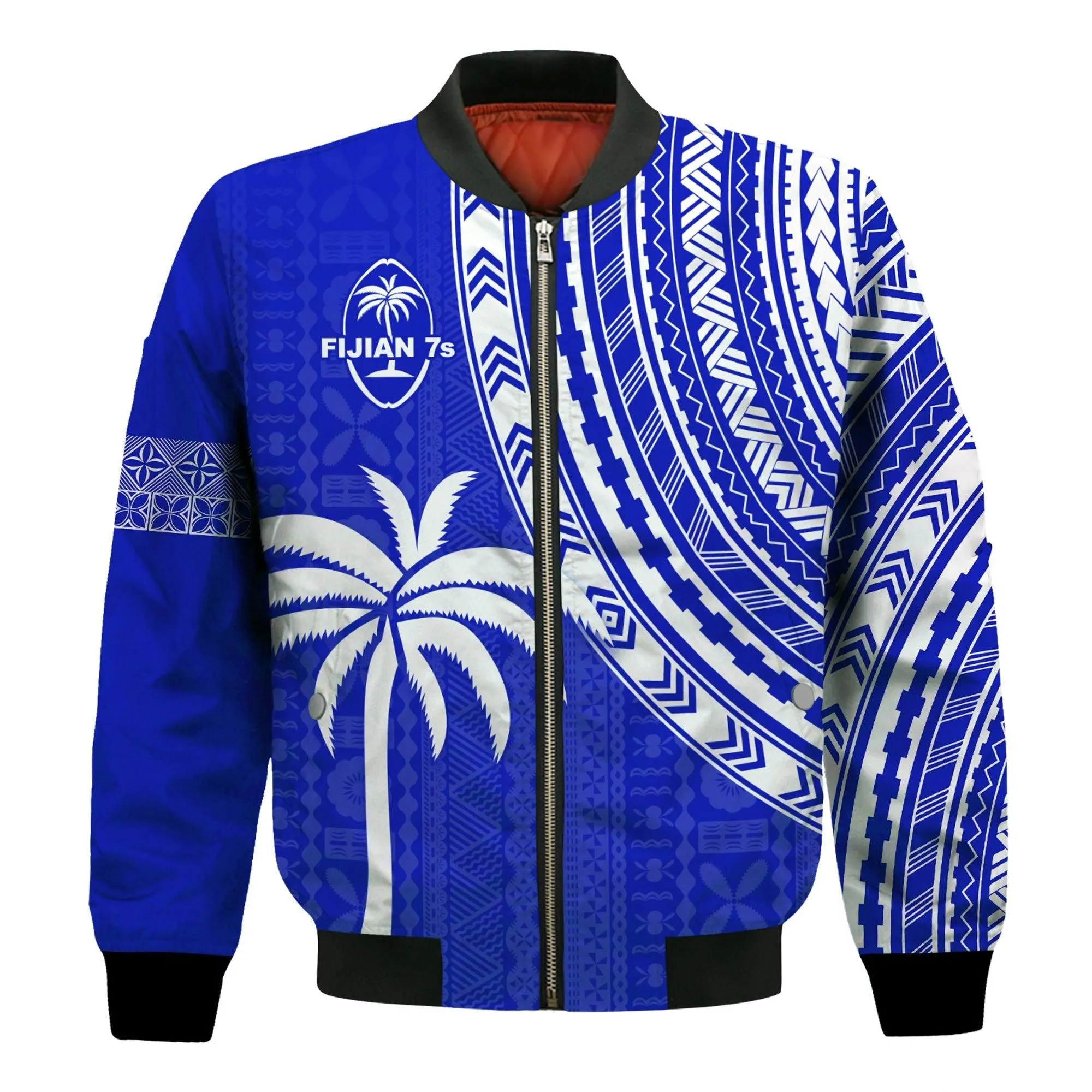 (Custom Text and Number) Fiji Rugby Sevens Bomber Jacket Fijian 7s Tapa Polynesian Blue Ver.02 LT13