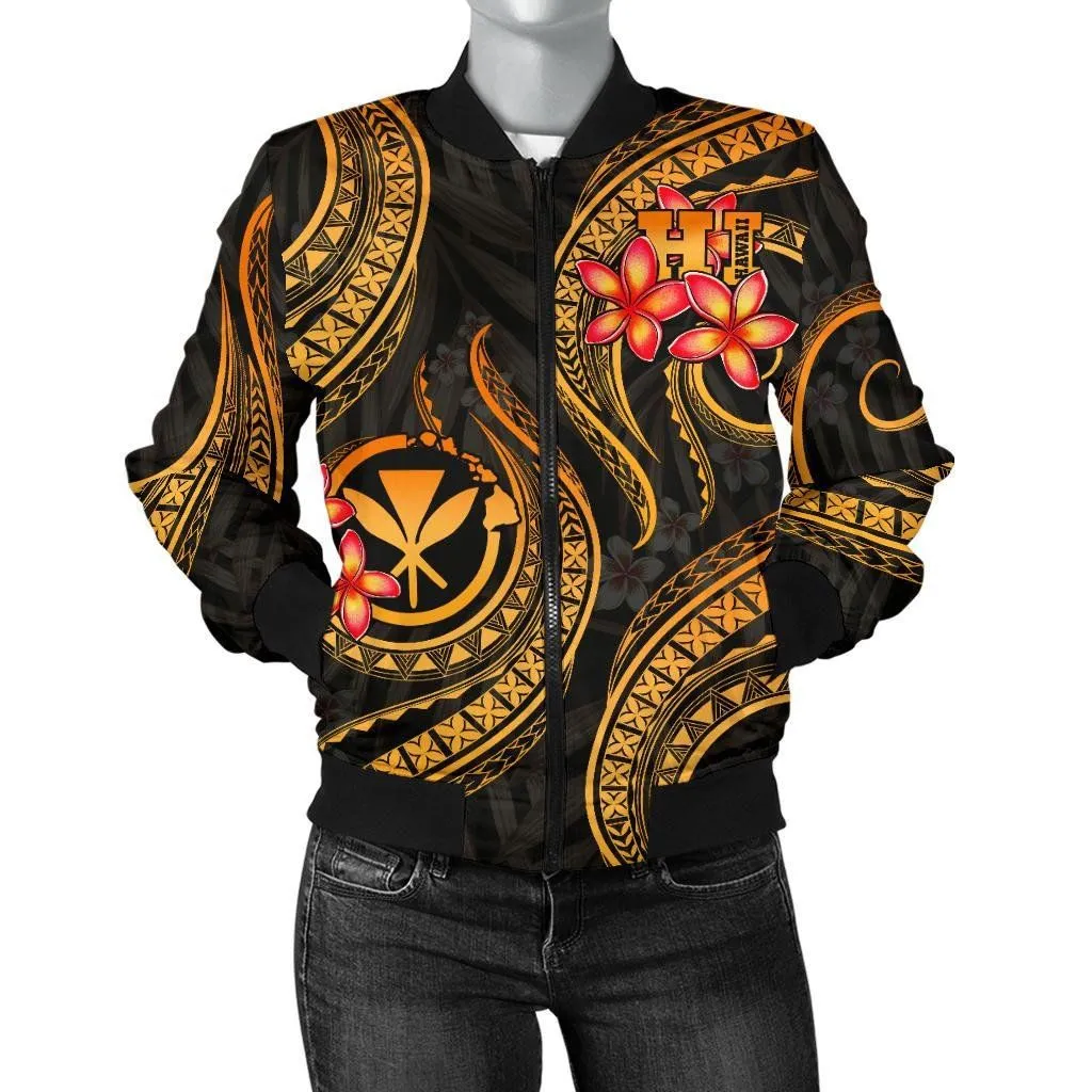 Polynesian Hawaii Women Bomber Jacket - Gold Plumeria - BN11