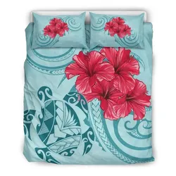 FamilyGater Home Set - Hawaii Polynesian Turtle Hibiscus Blue Bedding Set - Bless Style - AH - J4