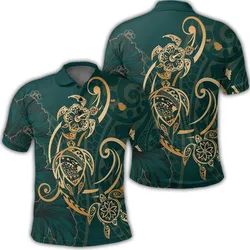 Hawaii Triple Marble Turtle Polynesian Hibiscus Polo Shirt - AH - Benjamin Style - Green