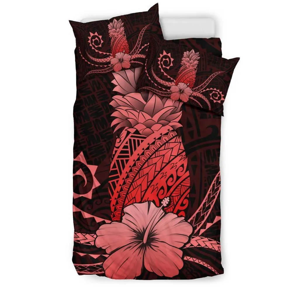 FamilyGater Bedding Set - Cover and Pillow Cases Hawaii Polynesian Pineapple Hibiscus - Zela Style Red - AH - J4
