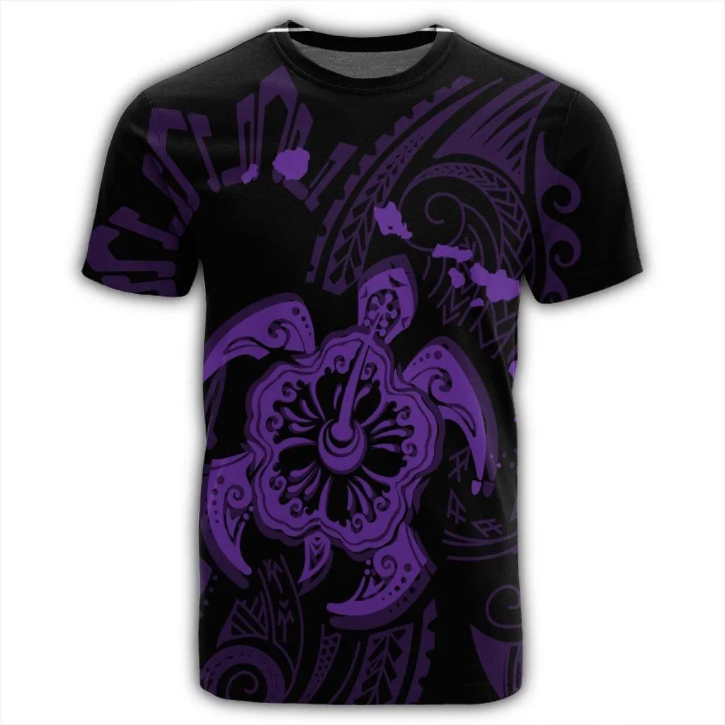 Hawaiian Map Kanaka Hibiscus Turtle Purple Polynesian T-Shirt - AH