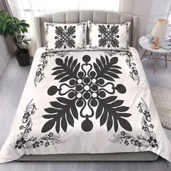 Alohawaii Home Set - Hawaiian Quilt Maui Plant And Hibiscus Pattern Bedding Set - Gray White - AH J8
