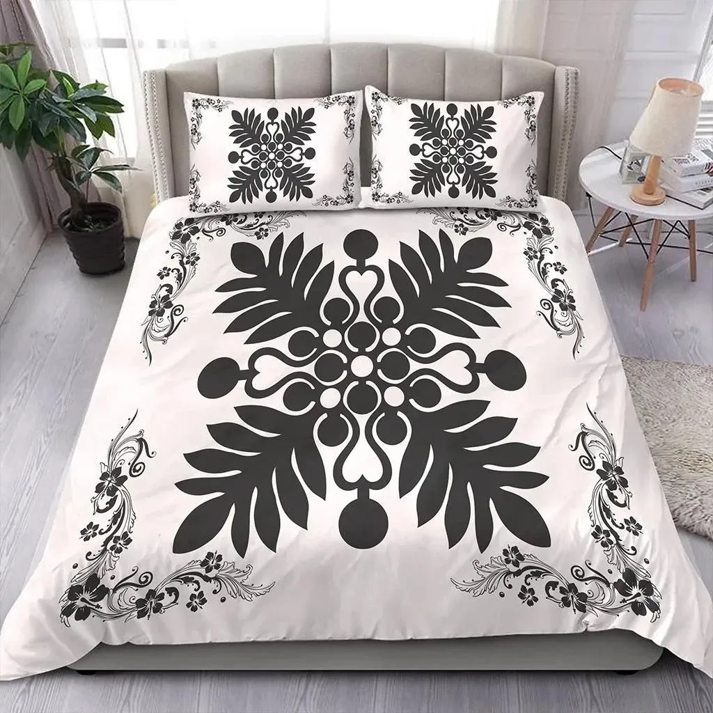 Alohawaii Home Set - Hawaiian Quilt Maui Plant And Hibiscus Pattern Bedding Set - Gray White - AH J8