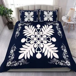 FamilyGater Home Set - Hawaiian Quilt Maui Plant And Hibiscus Pattern Bedding Set - White Indigo - AH J8