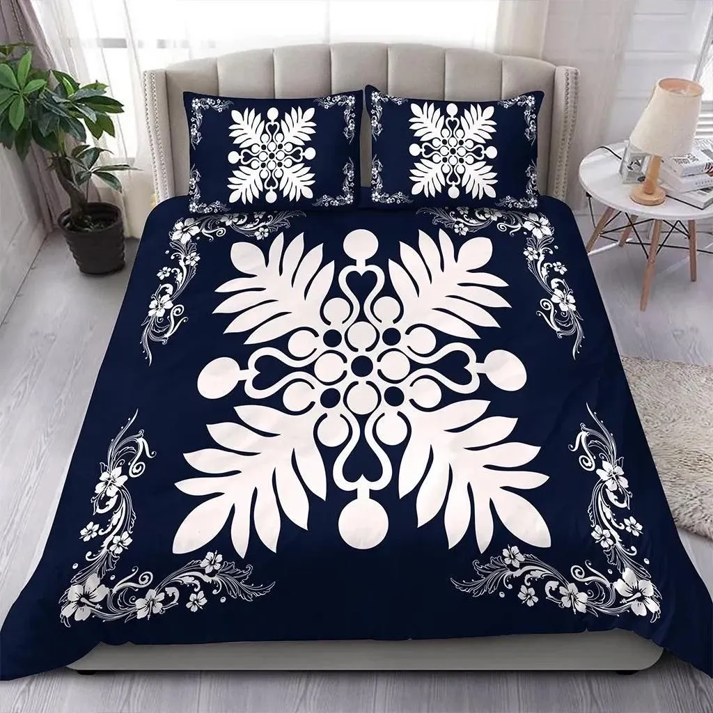 FamilyGater Home Set - Hawaiian Quilt Maui Plant And Hibiscus Pattern Bedding Set - White Indigo - AH J8