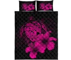 Alohawaii Home Set - Hawaiian Map Turtle Hibiscus Polynesian Quilt Bedding Set - Pink - AH J9